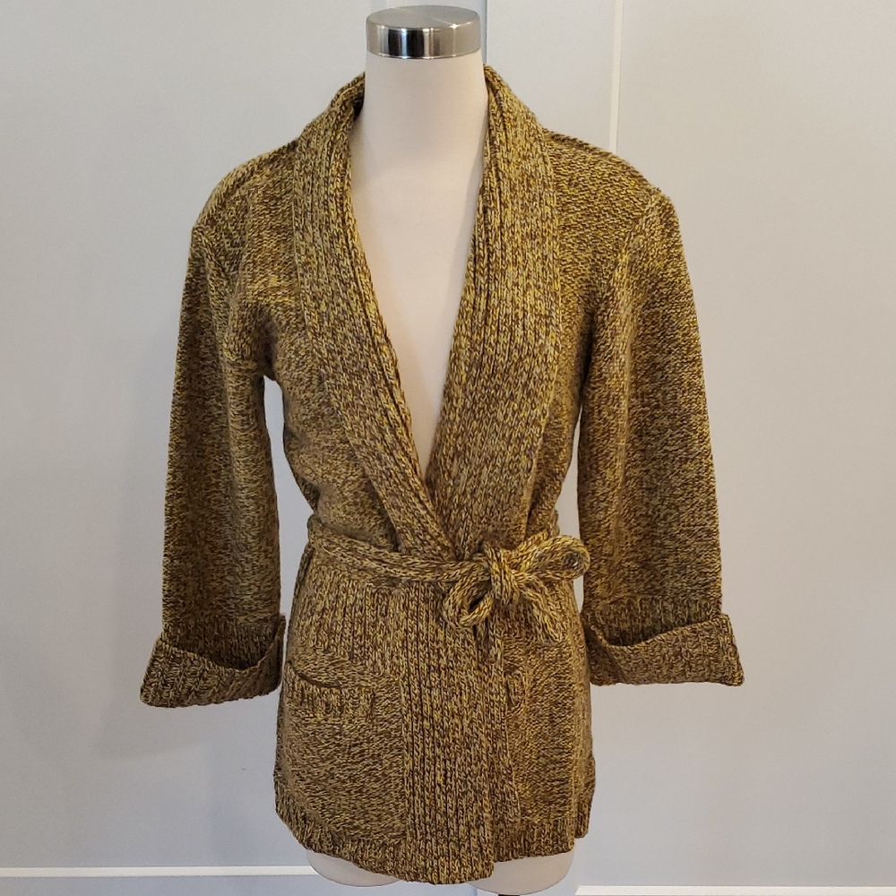 Chaudry women’s brown/yellow/white heavy knit wrap sweater Size M new with tags